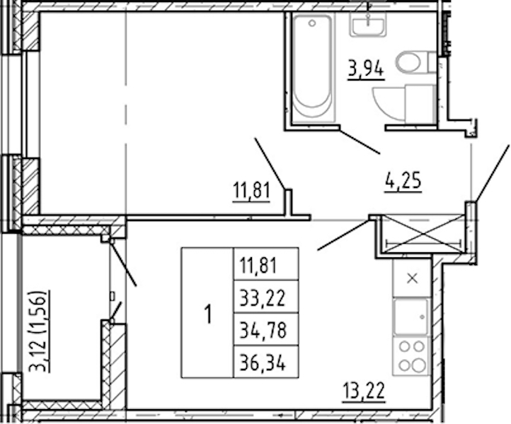 1-комнатная квартира 33.22 м², 11/12 эт., ЖК «Полис Новоселье»